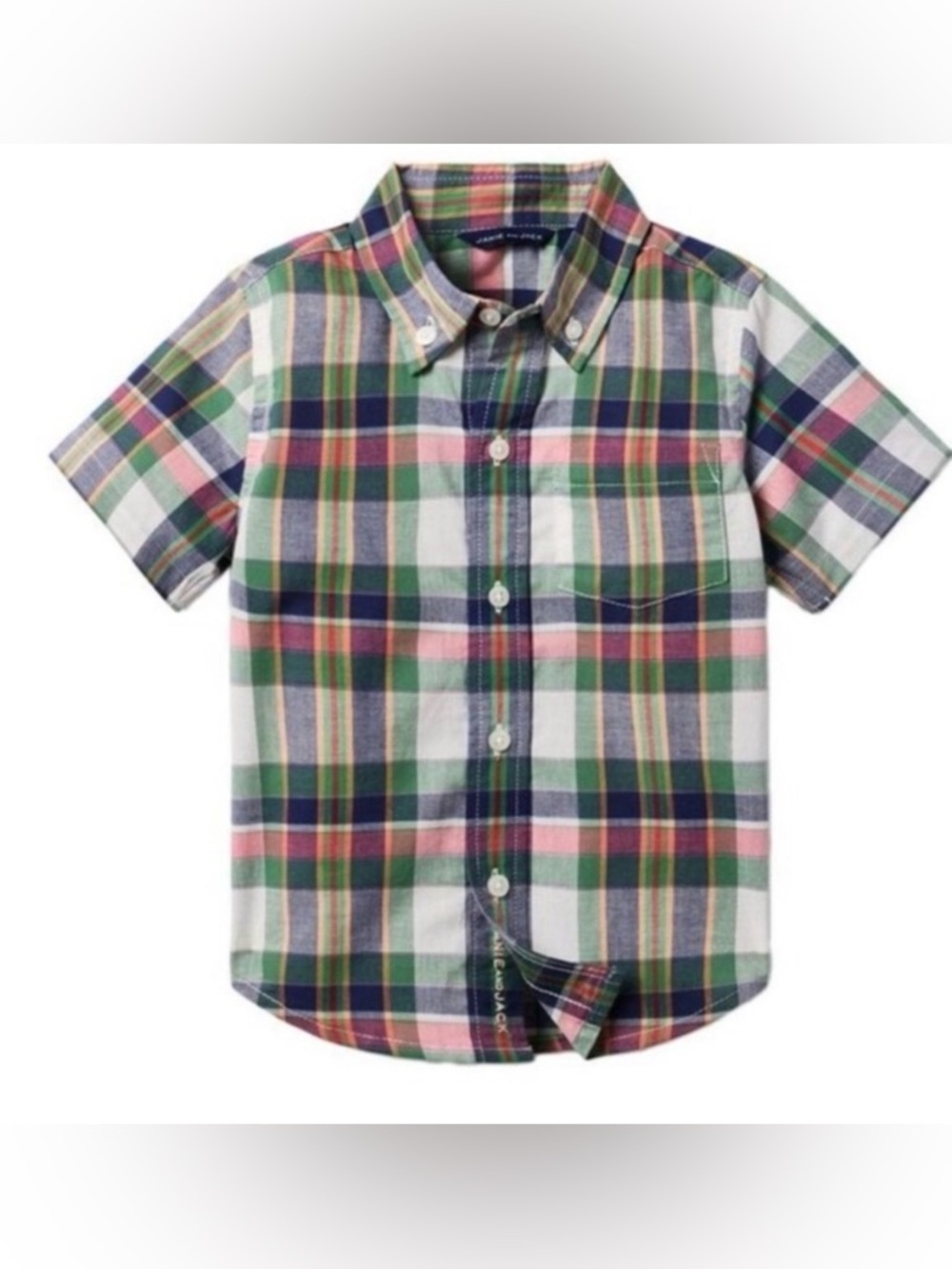 Janie and Jack Short-Sleeve Plaid Button-Down - Green, Pink, Navy